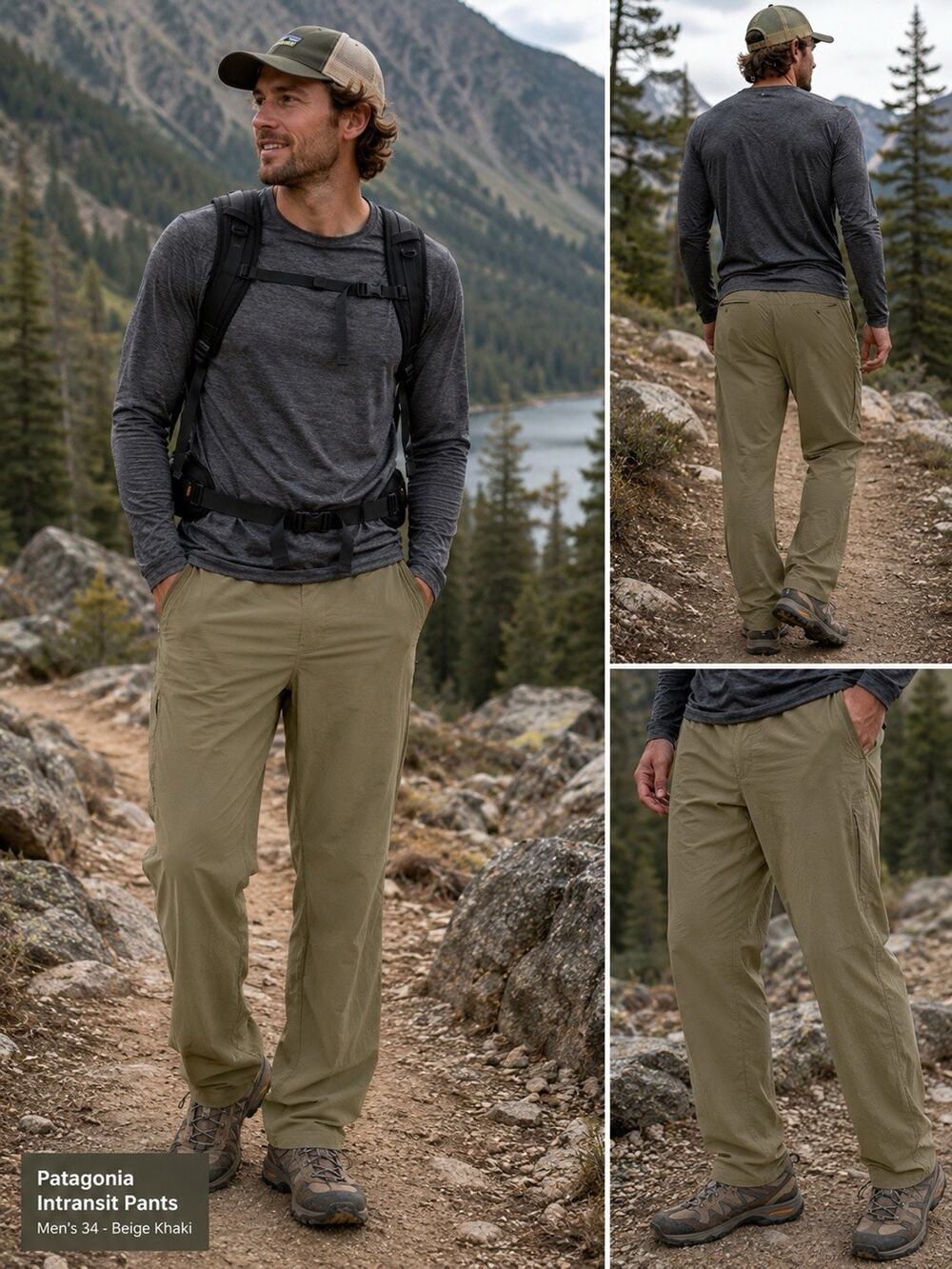Patagonia Intransit Pants Mens 34 Beige Khaki Chino Outdoor Hiking Flap Pockets